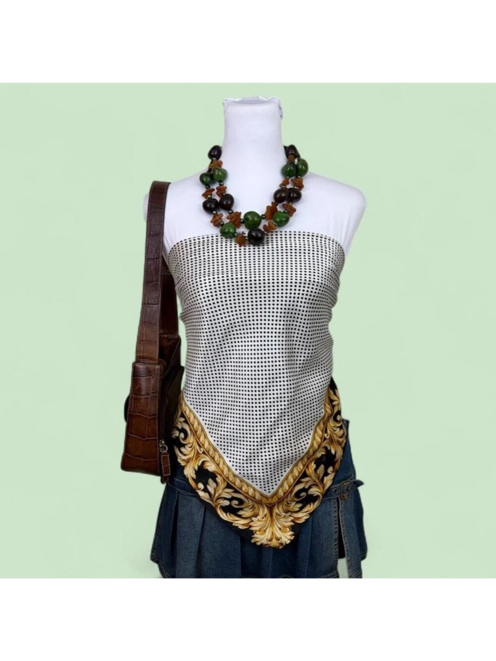 Y2K white & black polka dot satin scarf